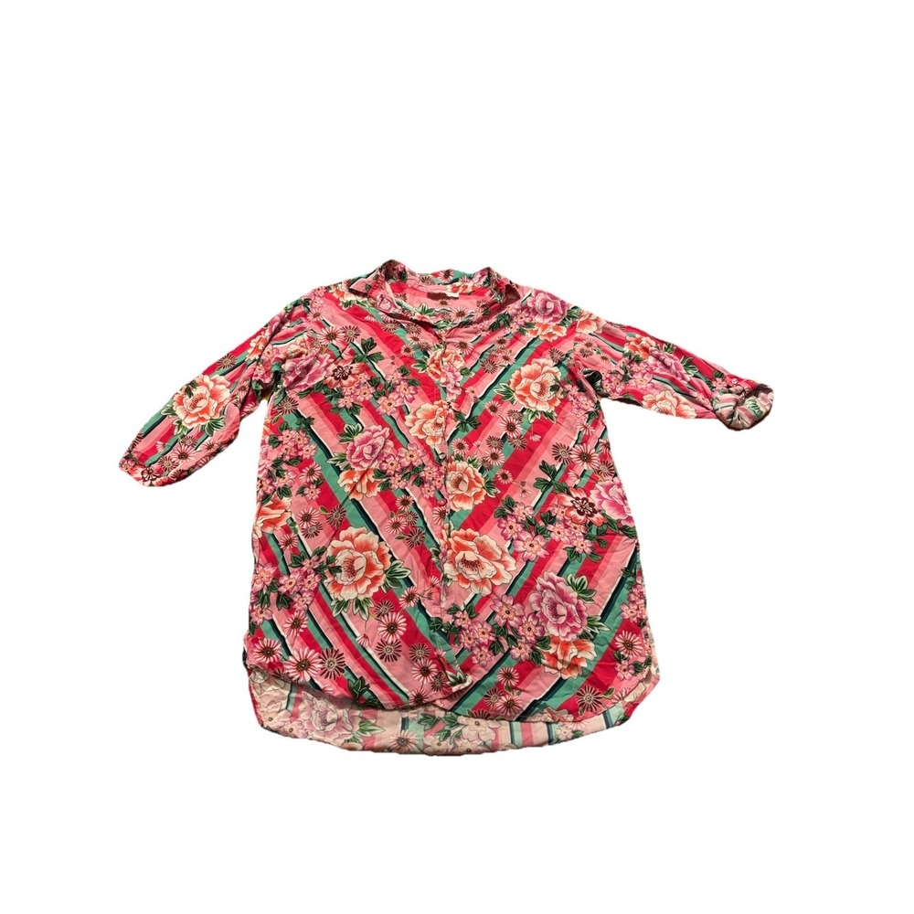 Johnny Was Bocardi Button Down Shirt Dress Pink Floral Roll Tab Sleeves  Medium - Picture 3 of 12